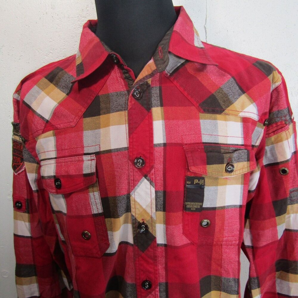 Parish Co. Men's Red Plaid Flannel Button Down Shirt Long Sleeve Casual XL